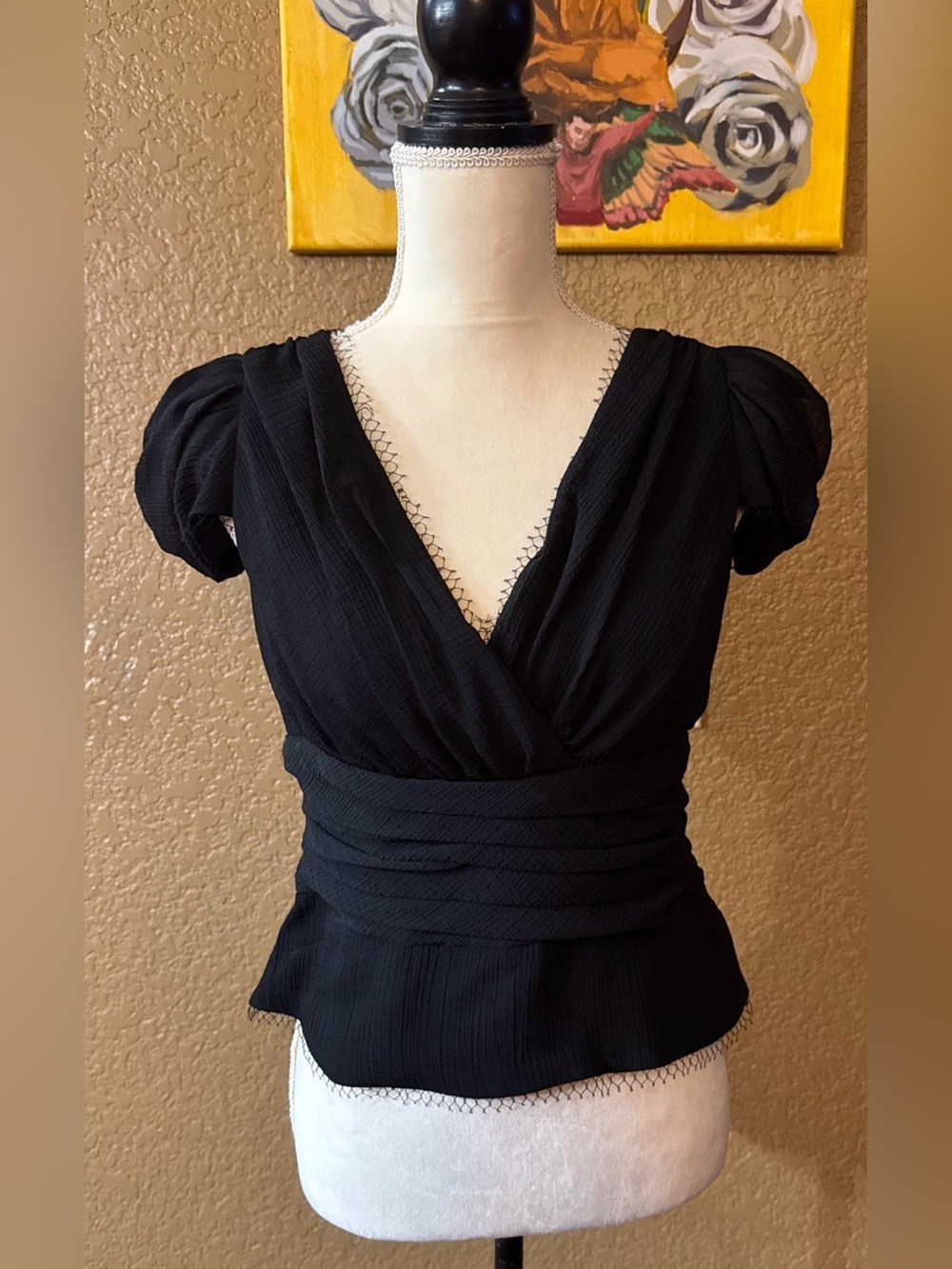 Karl Lagerfeld Black Surplice Puff-Sleeve Waist-Detail Top